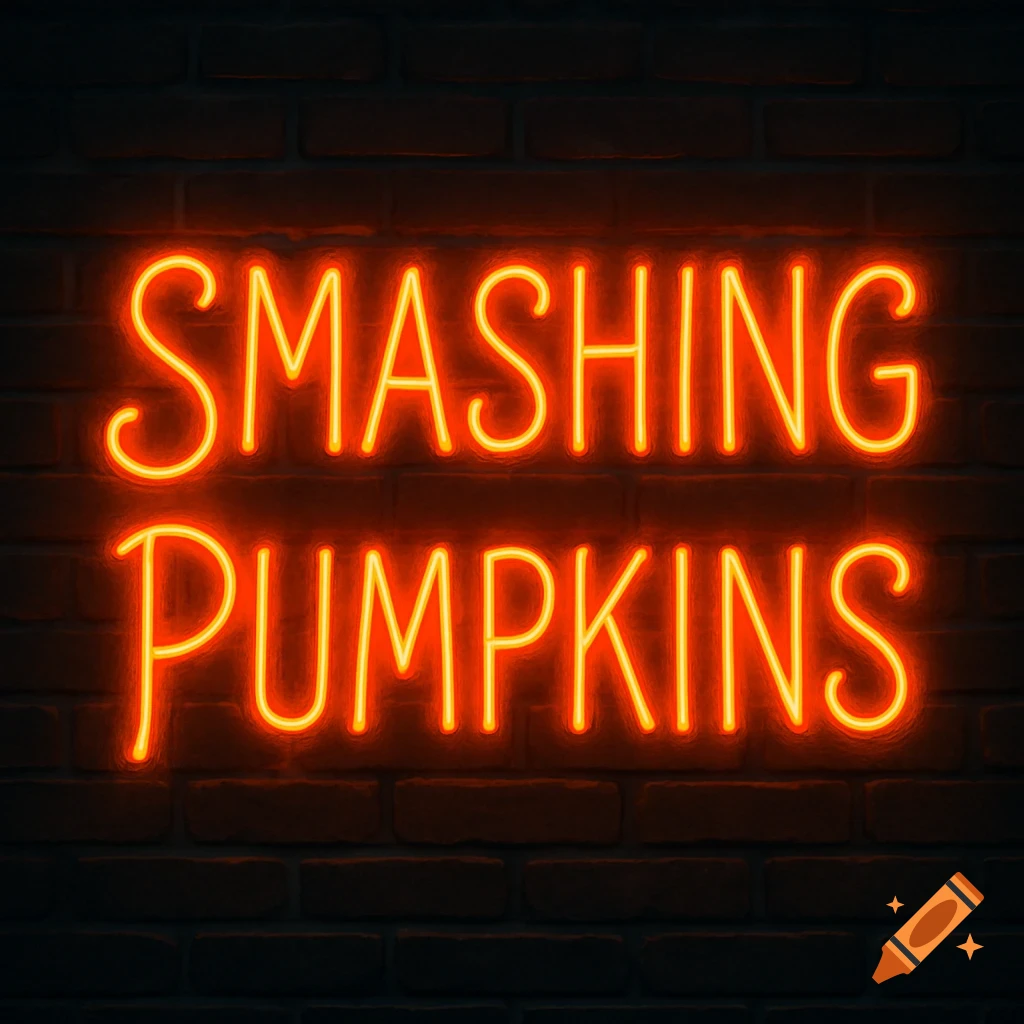 Neon sign saying SMASHING PUMPKINS on a brick wall.