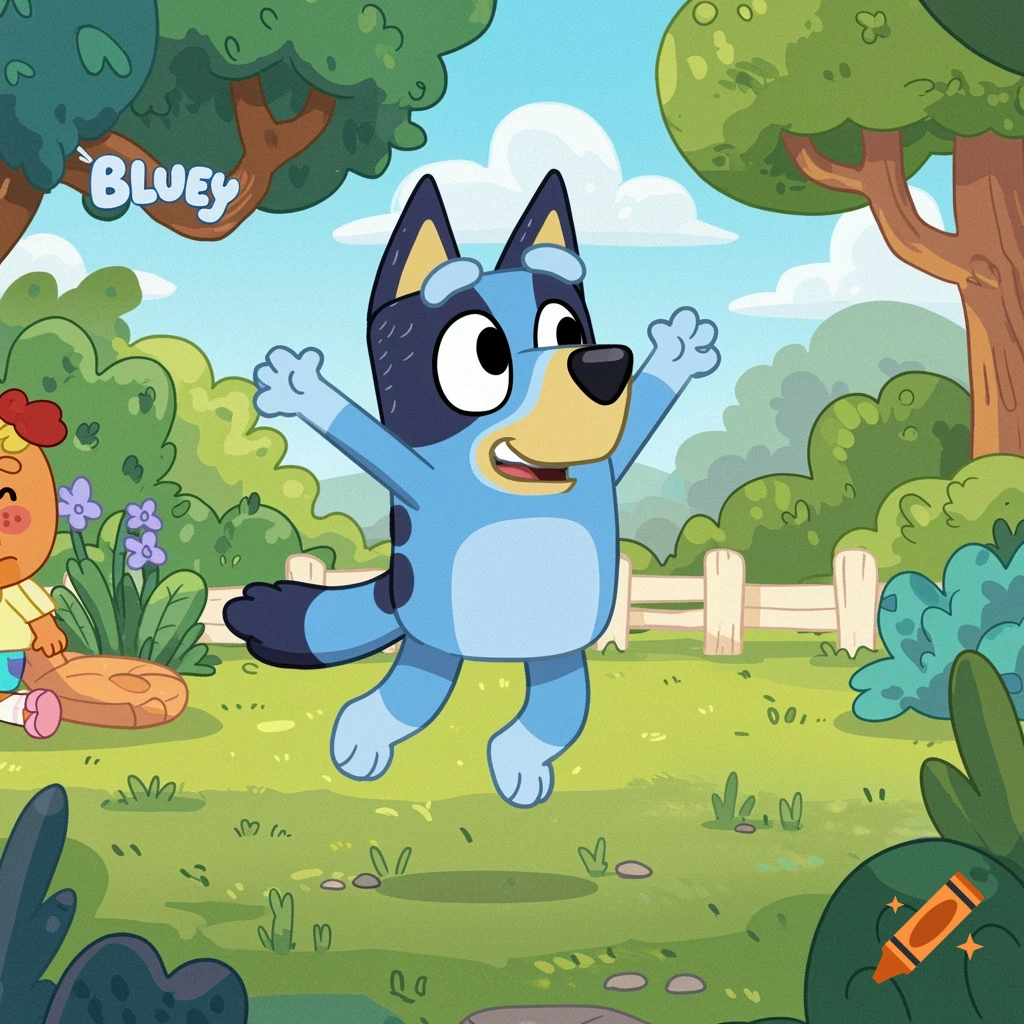 Bluey the cartoon dog jumps in a park with another character
