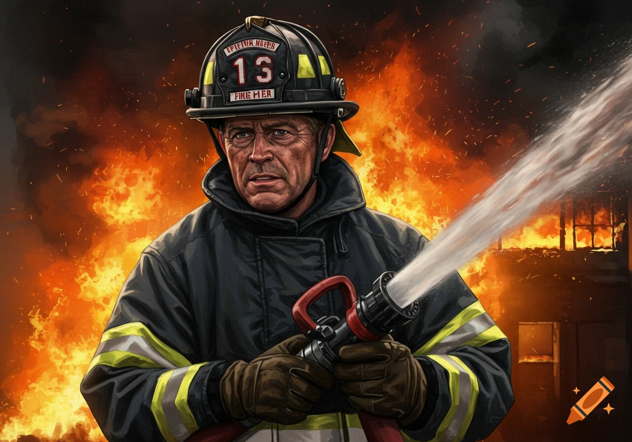 Illustrative portrait of a firefighter holding a hose spraying water in front of a large fire.