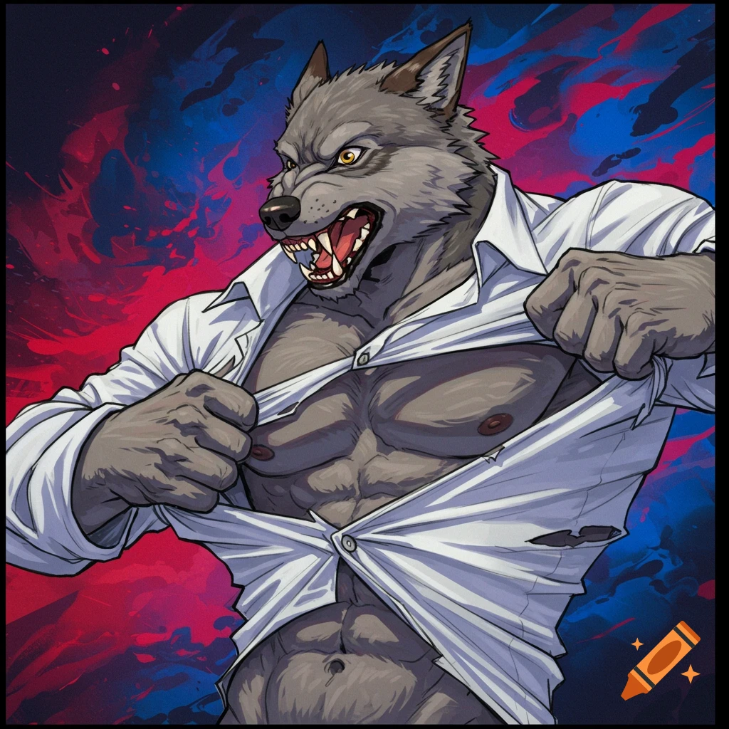 Muscular grey werewolf ripping off a white shirt, chest revealed, in a comic style illustration