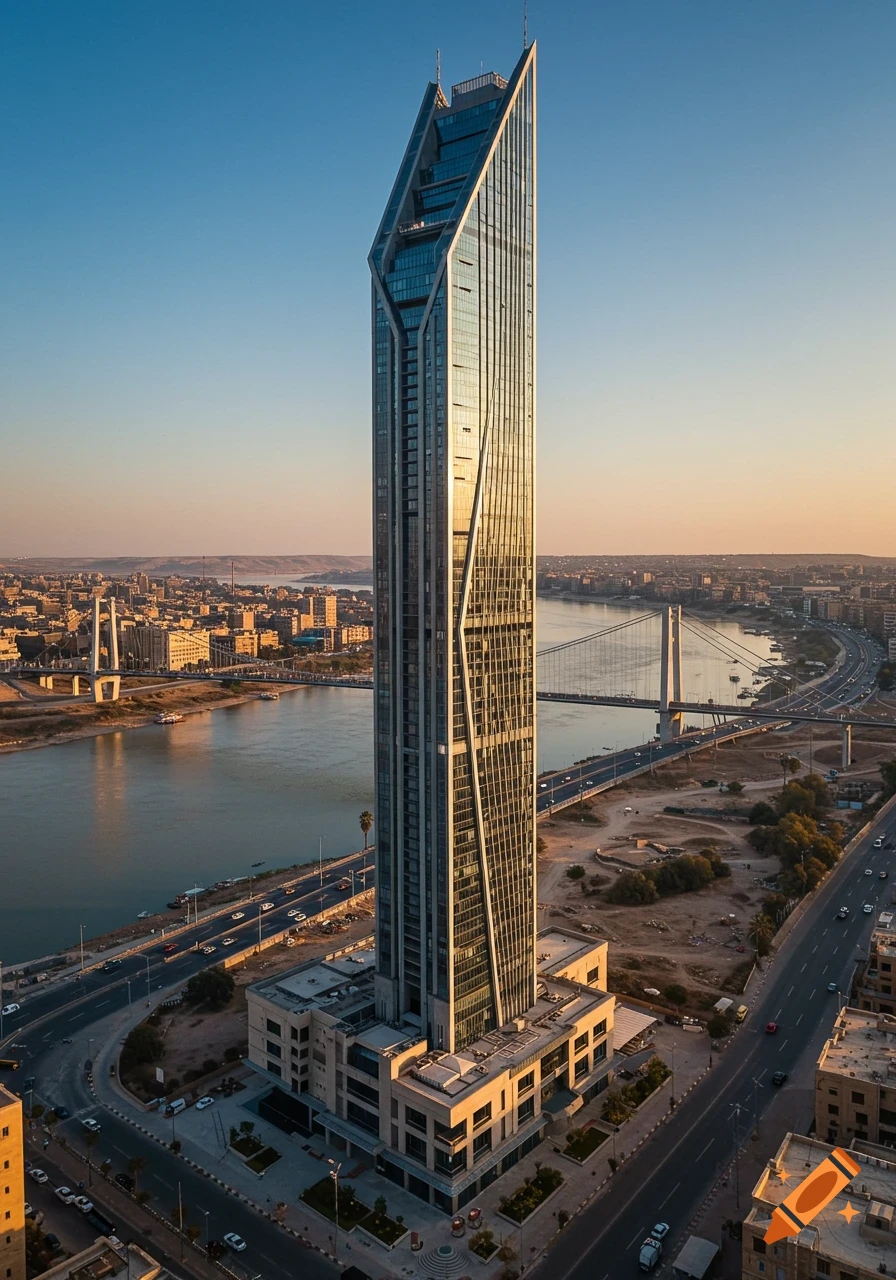 Tall modern skyscraper overlooking a river, bridges, and city skyline at sunset
