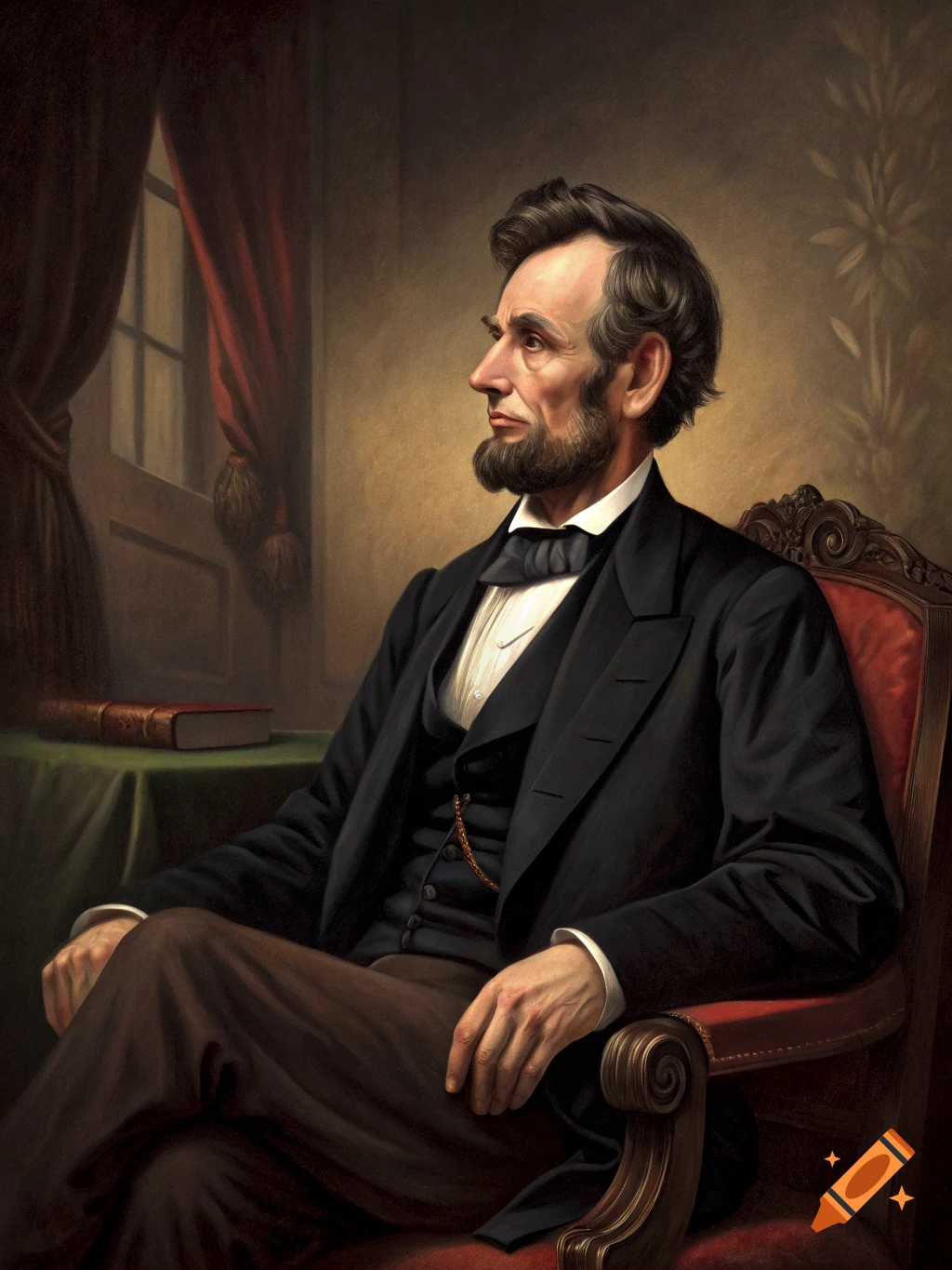 Painting of Abraham Lincoln sitting in a chair.
