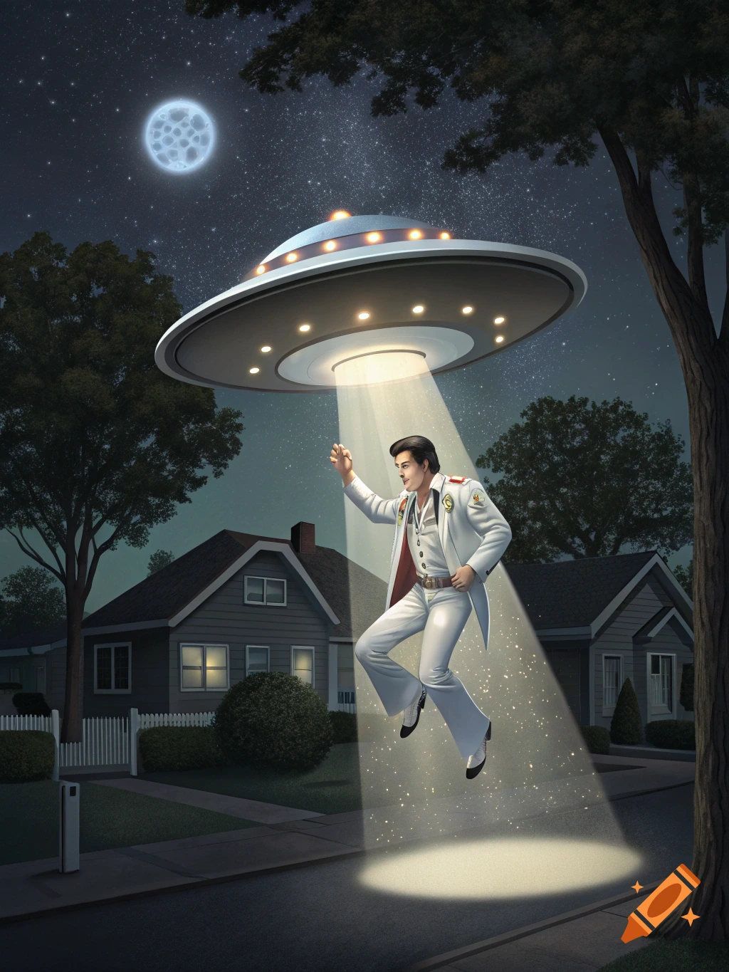 Elvis Presley is abducted by a flying saucer in a beam of light over a suburban street at night.