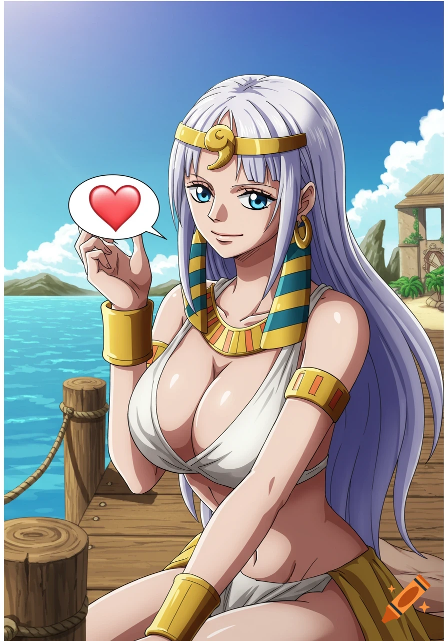 Anime character with long white hair and blue eyes, wearing an Egyptian outfit, holding a heart emoji bubble while sitting on a dock.