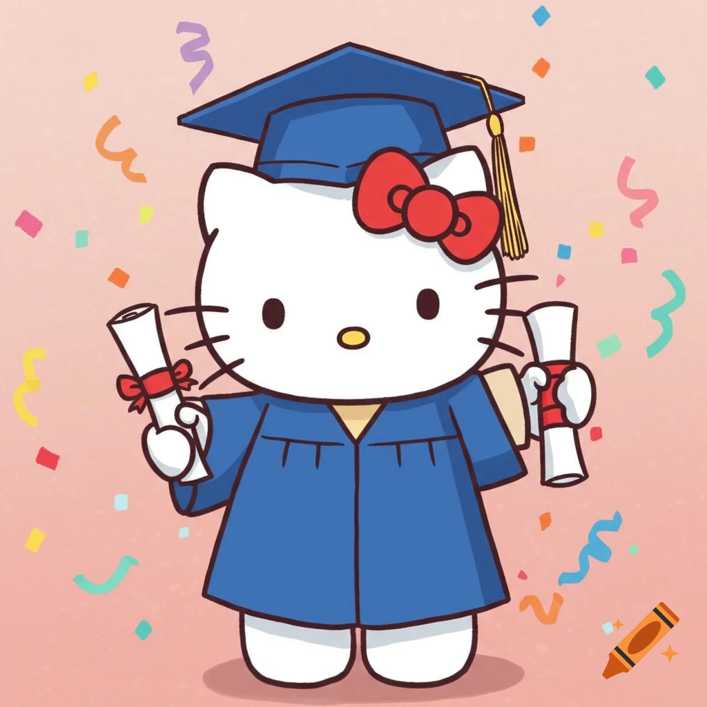 Hello Kitty in a blue graduation gown and cap holds two diplomas with confetti background.