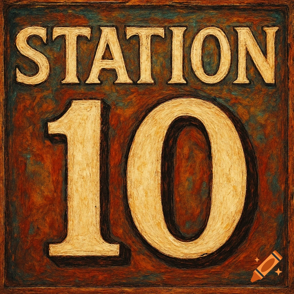 A rustic, textured sign displays the word "STATION" above the number "10".