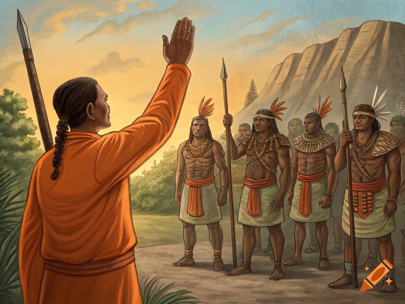 An illustration of a figure in orange raising a hand to indigenous warriors holding spears.