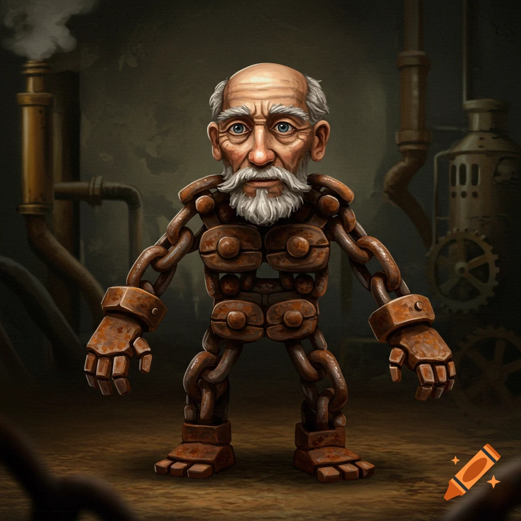 A creature with the head of an old man and a body made of rusty chains, standing in an industrial setting.