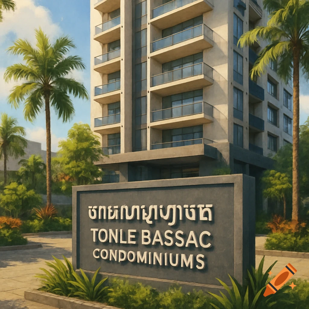 Modern condominium building with a sign in front and tropical landscaping.