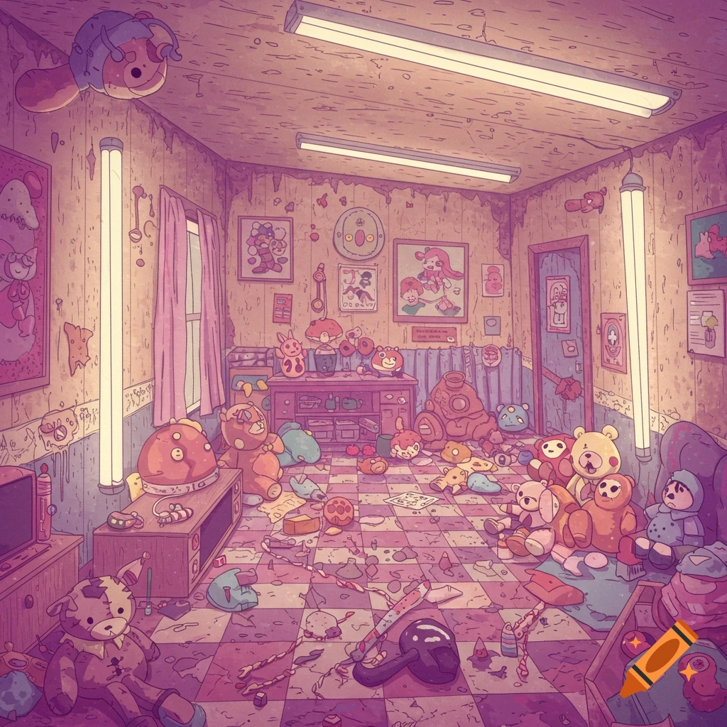 A messy room filled with vintage toys in a surreal, dreamcore style.