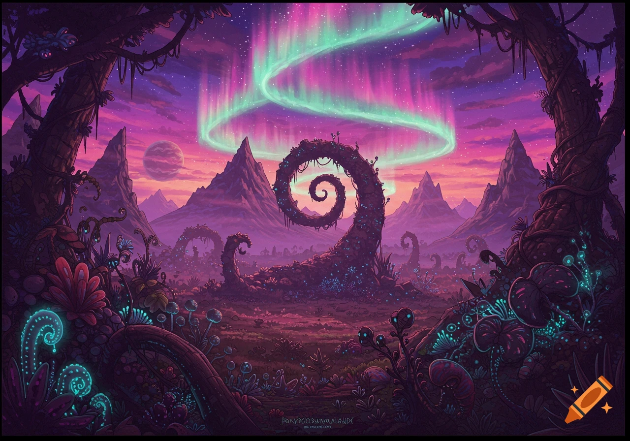 Stylized alien landscape with glowing plants, mountains, and a spiral formation under a purple sky with aurora