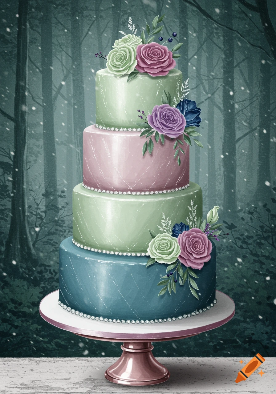 An illustration of a tiered cake decorated with flowers and pearls in a snowy forest.