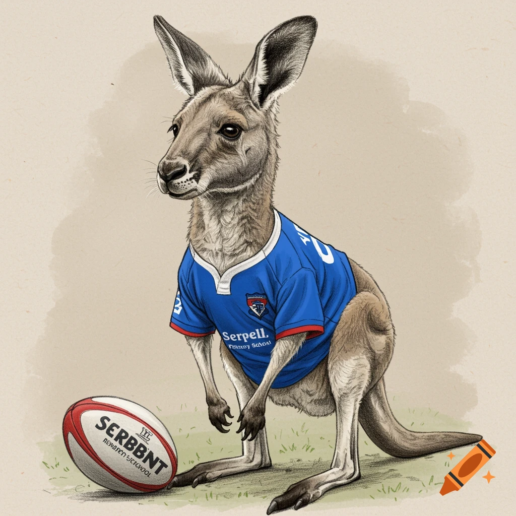 A kangaroo wearing a blue rugby jersey stands next to a rugby ball in a sketch style