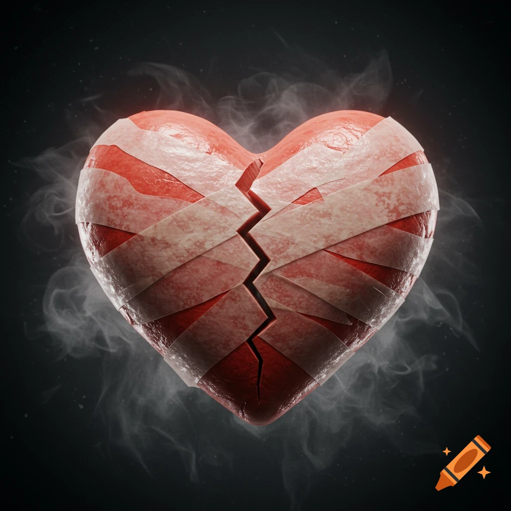 A broken red heart wrapped in bandages, surrounded by smoke.
