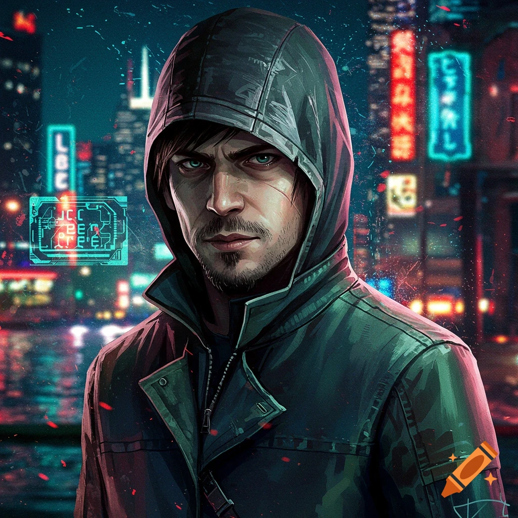 A man in a hooded jacket stands in a cyberpunk city at night.