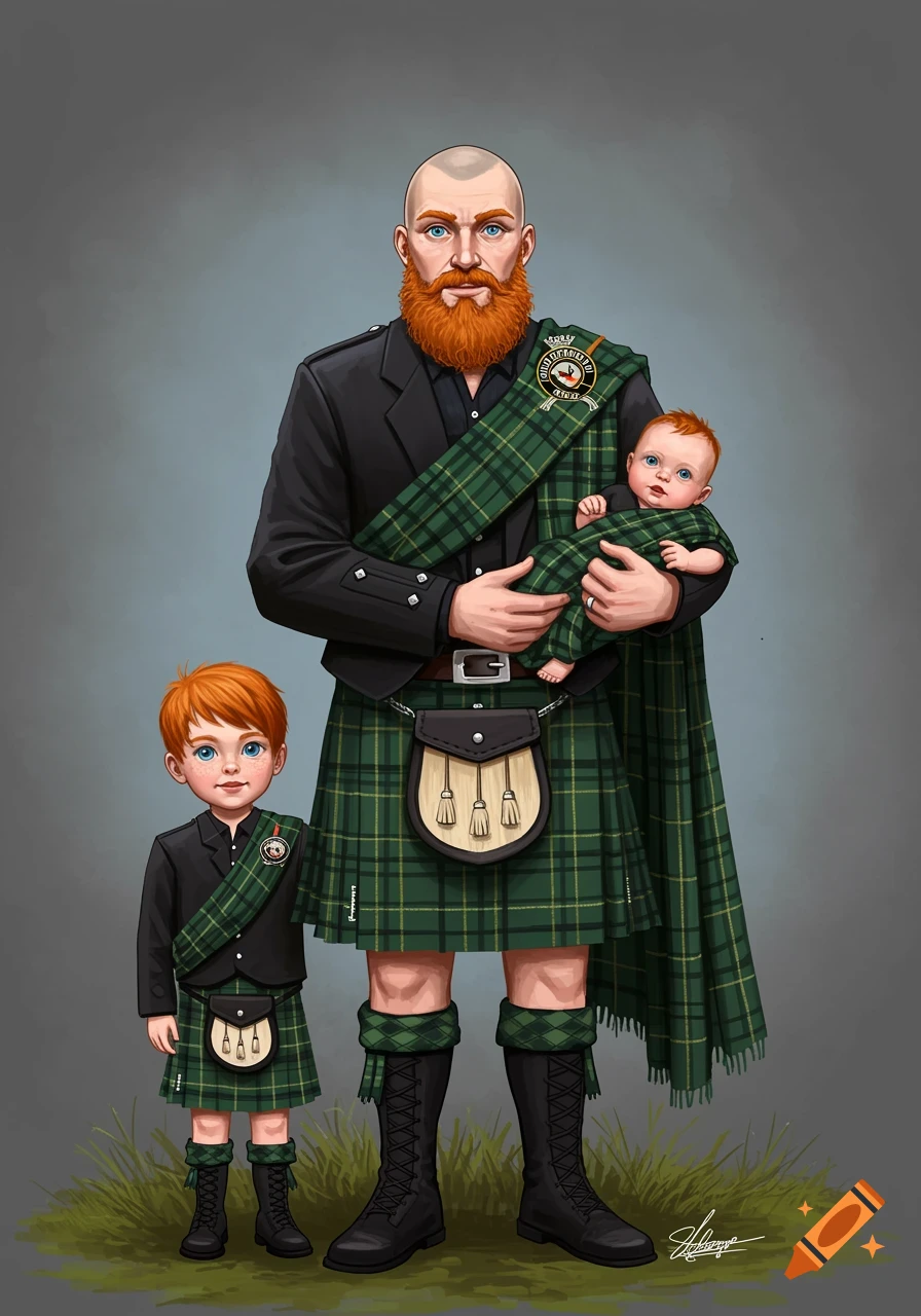 Illustration of a man holding a baby and standing with a boy, all wearing green kilts and black jackets.