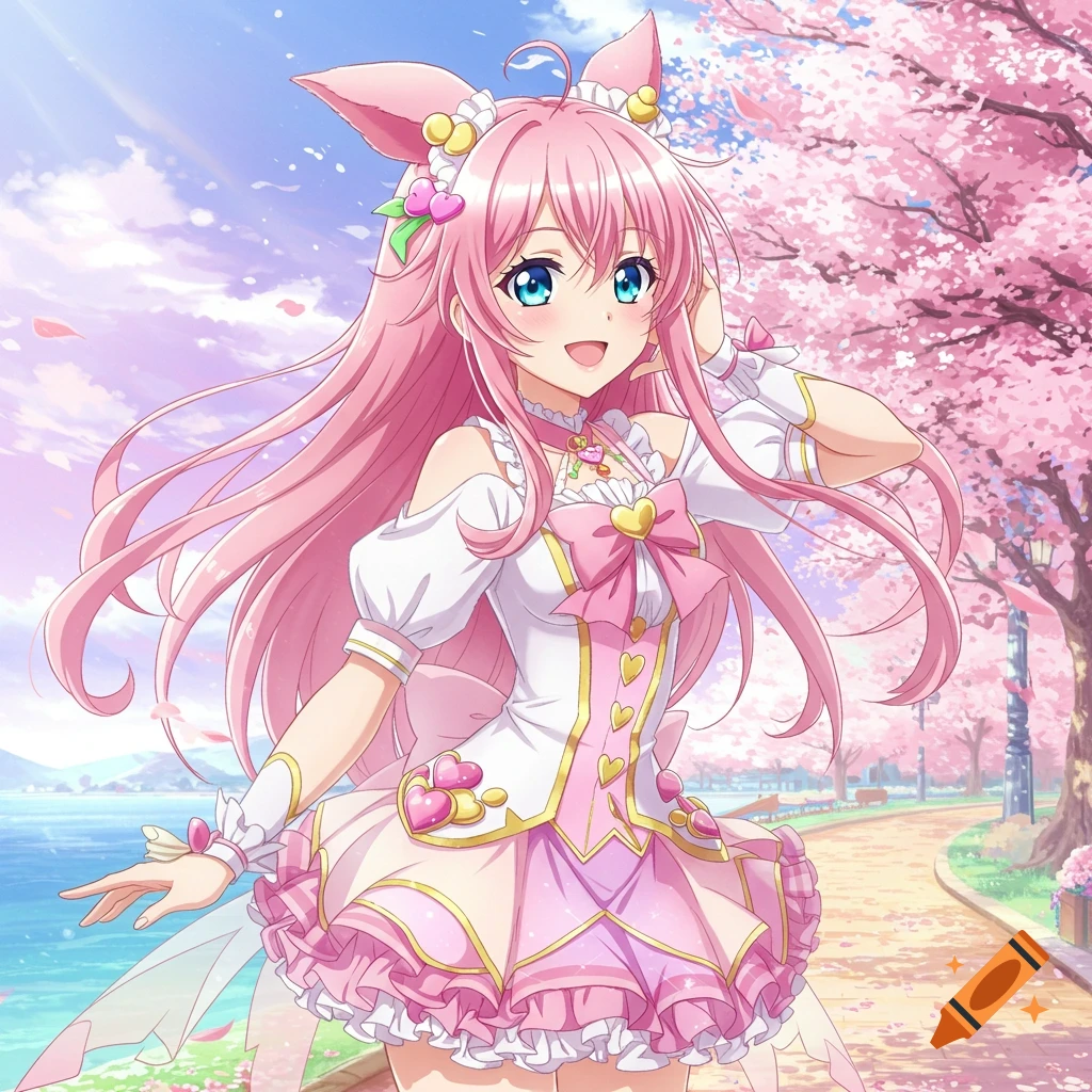 Anime girl with pink hair and cat ears in a frilly pink dress standing in a park with cherry blossoms by the water
