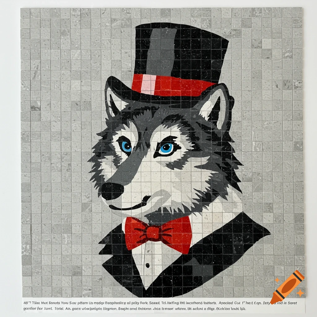 Mosaic art of a cartoon wolf in a top hat and bow tie.