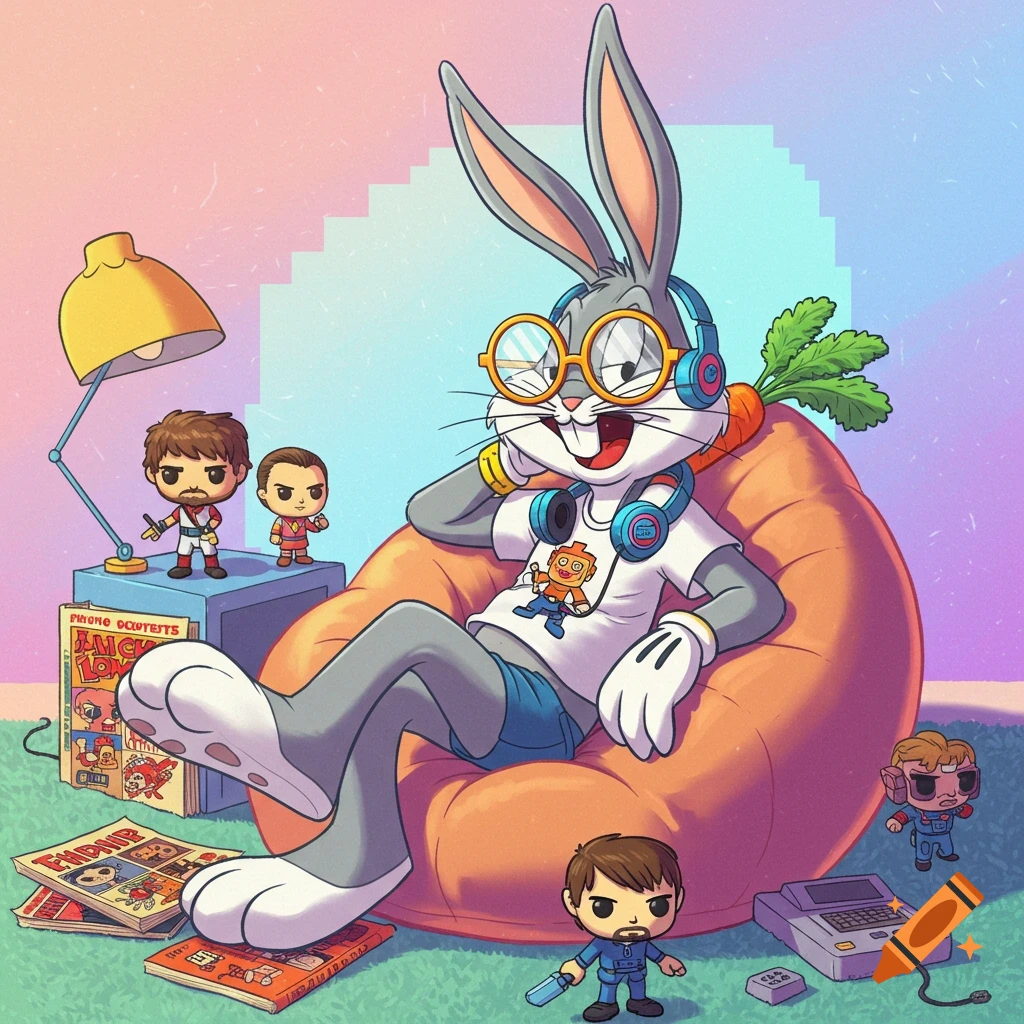 Cartoon illustration of Bugs Bunny with glasses and headphones sitting on a beanbag chair surrounded by pop culture figures and old tech.