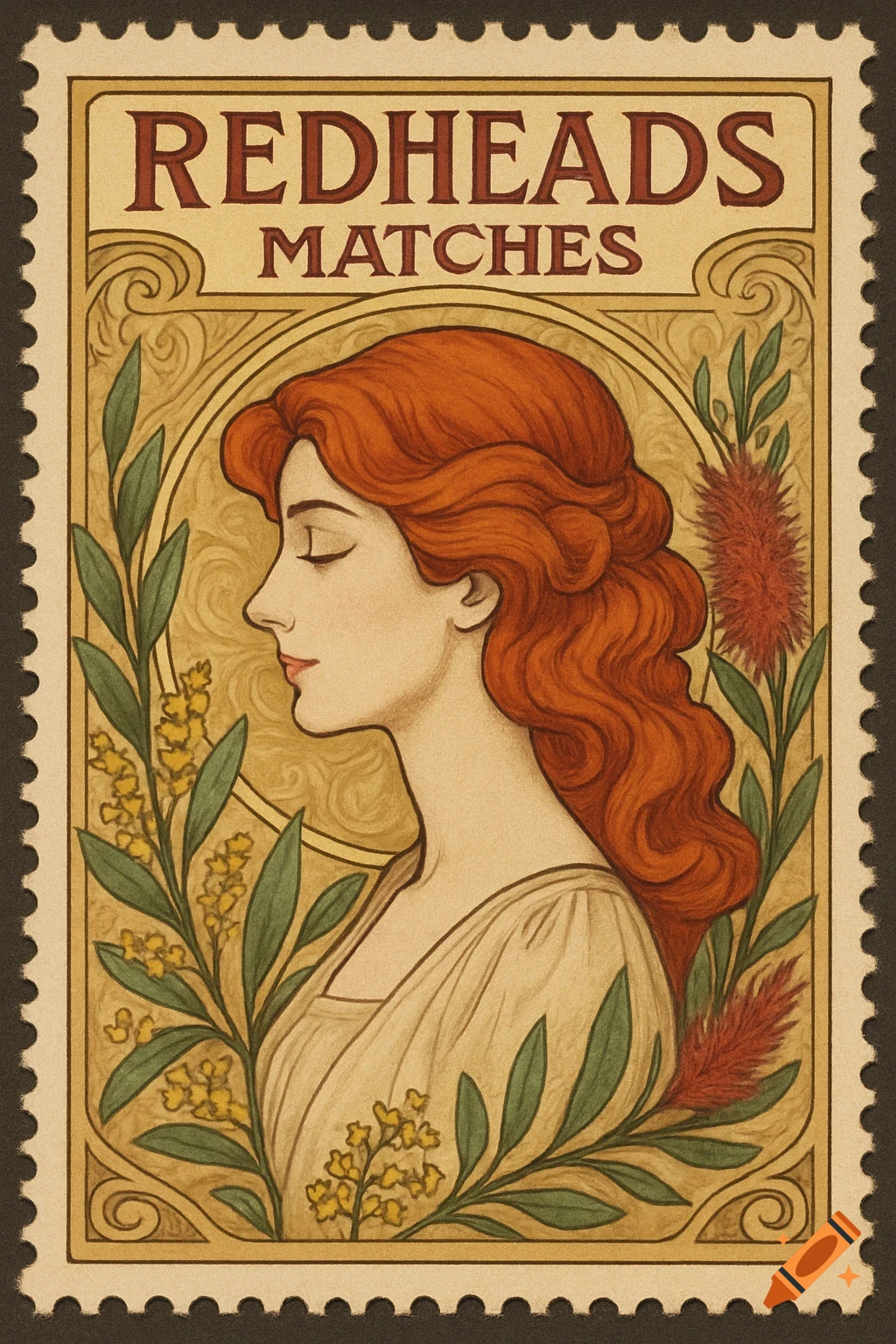Art nouveau illustration on a stamp of a woman with red hair, surrounded by flowers, text reads "REDHEADS MATCHES".