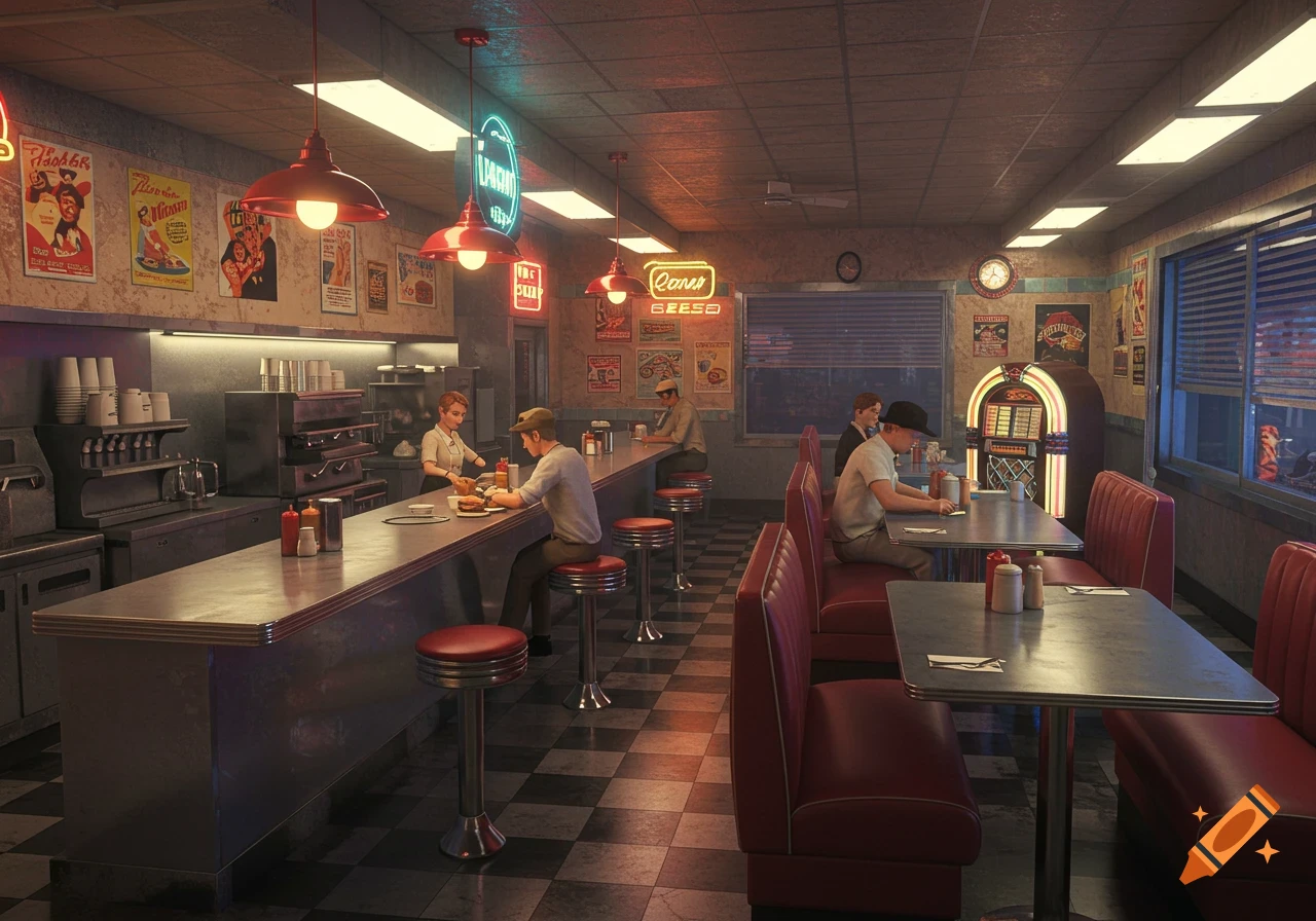 A retro style image of a diner with people sitting at the counter and in booths, like a PlayStation 2 game screenshot.