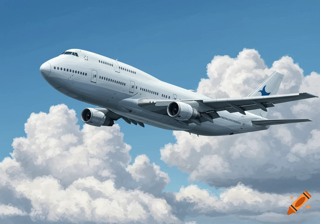 A large white airplane flies through white clouds in a blue sky. Digital illustration.