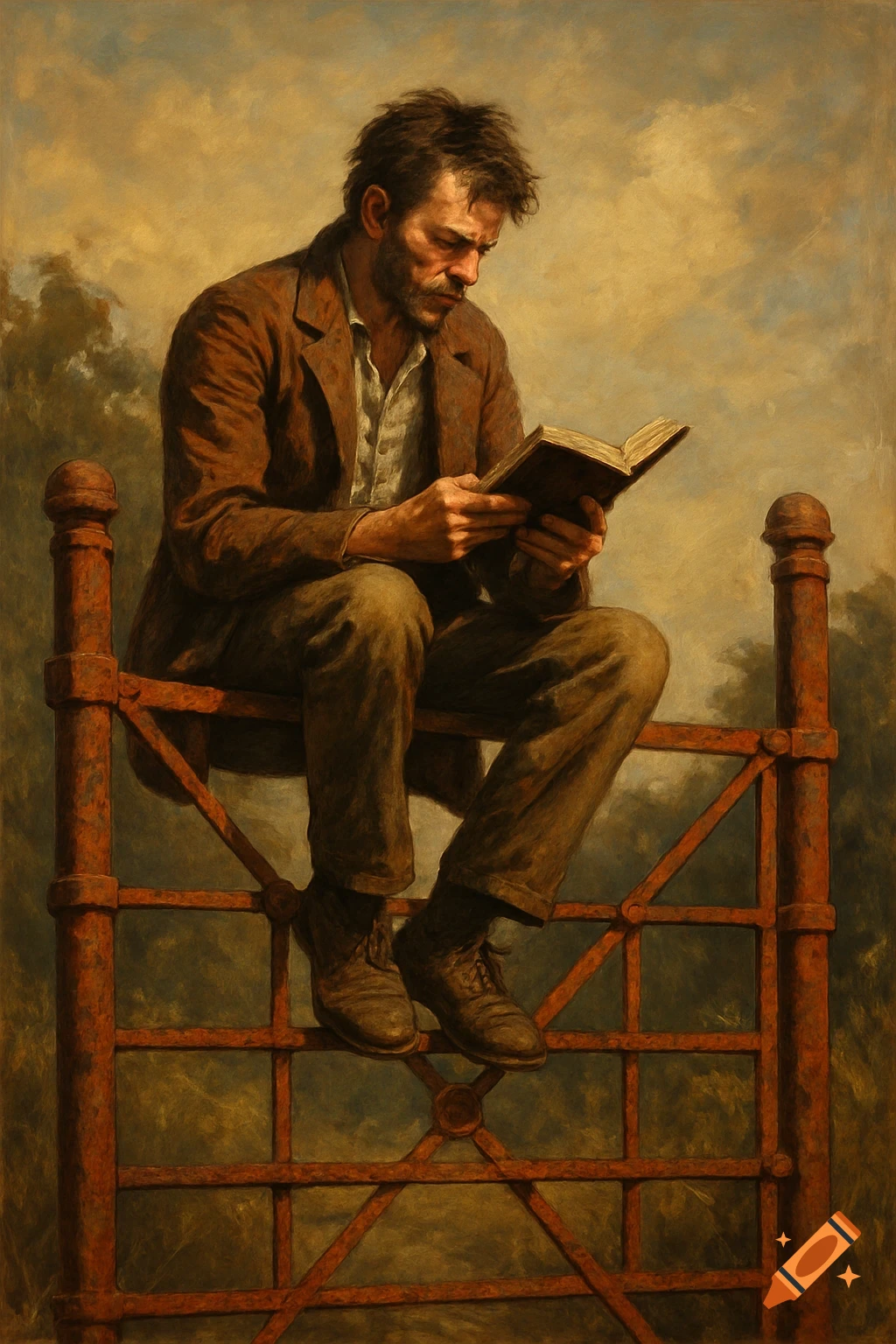 A man sits on a rusty gate reading a book in a painterly style.