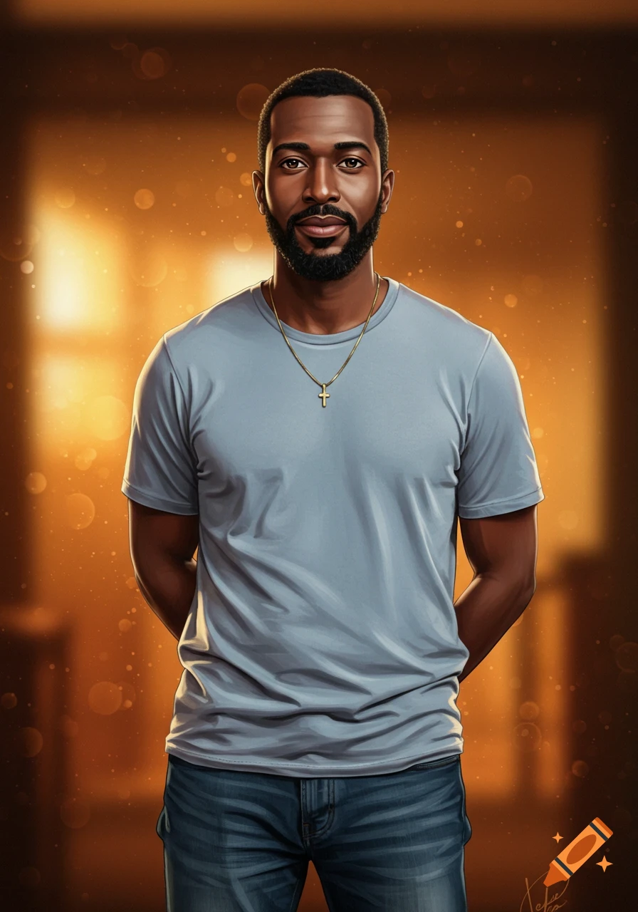 Digital illustration of a man with dark skin and a short beard wearing a grey t-shirt and a gold cross necklace.