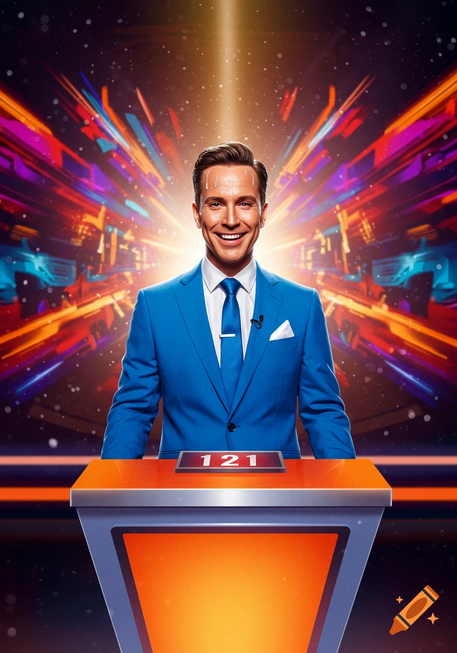 A man in a blue suit stands at a podium in a game show studio with a vibrant background.