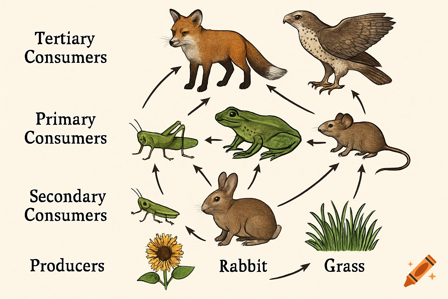 Illustration of a food web diagram showing trophic levels and animals like a fox, hawk, rabbit, grasshopper, frog, and mouse, with producers.