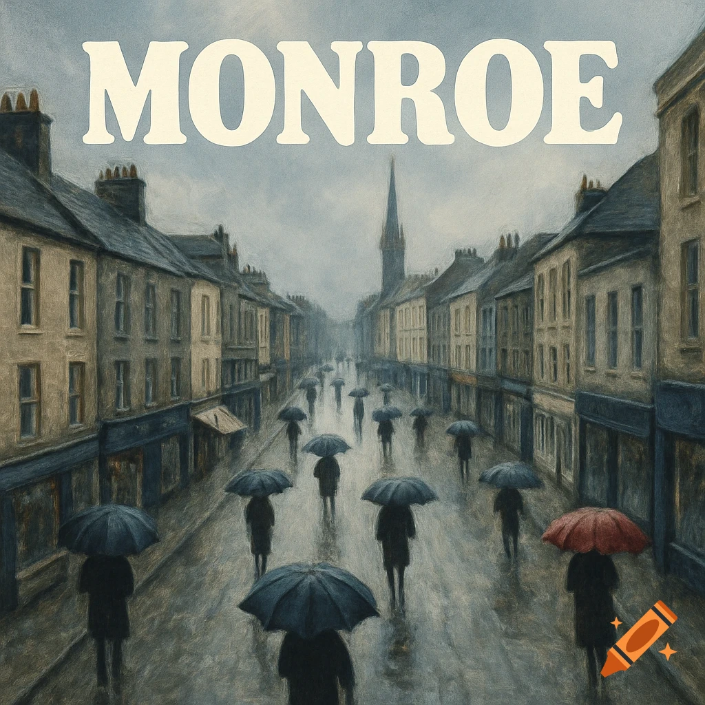 Painted view of a rainy street scene with people holding umbrellas and the word MONROE above.