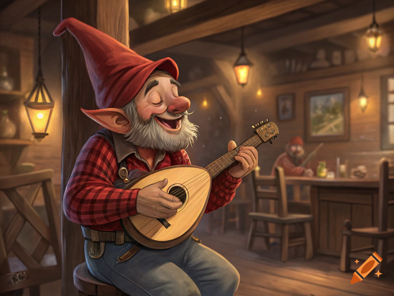 A cheerful gnome bard plays a mandolin in a tavern.