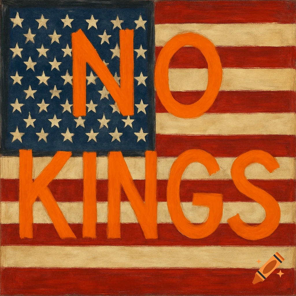 Orange text 'NO KINGS' on a painting of a US flag