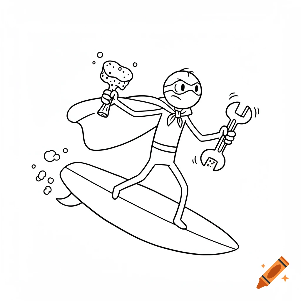 Line-art cartoon of a stick-figure superhero surfing and holding a sponge and wrench.