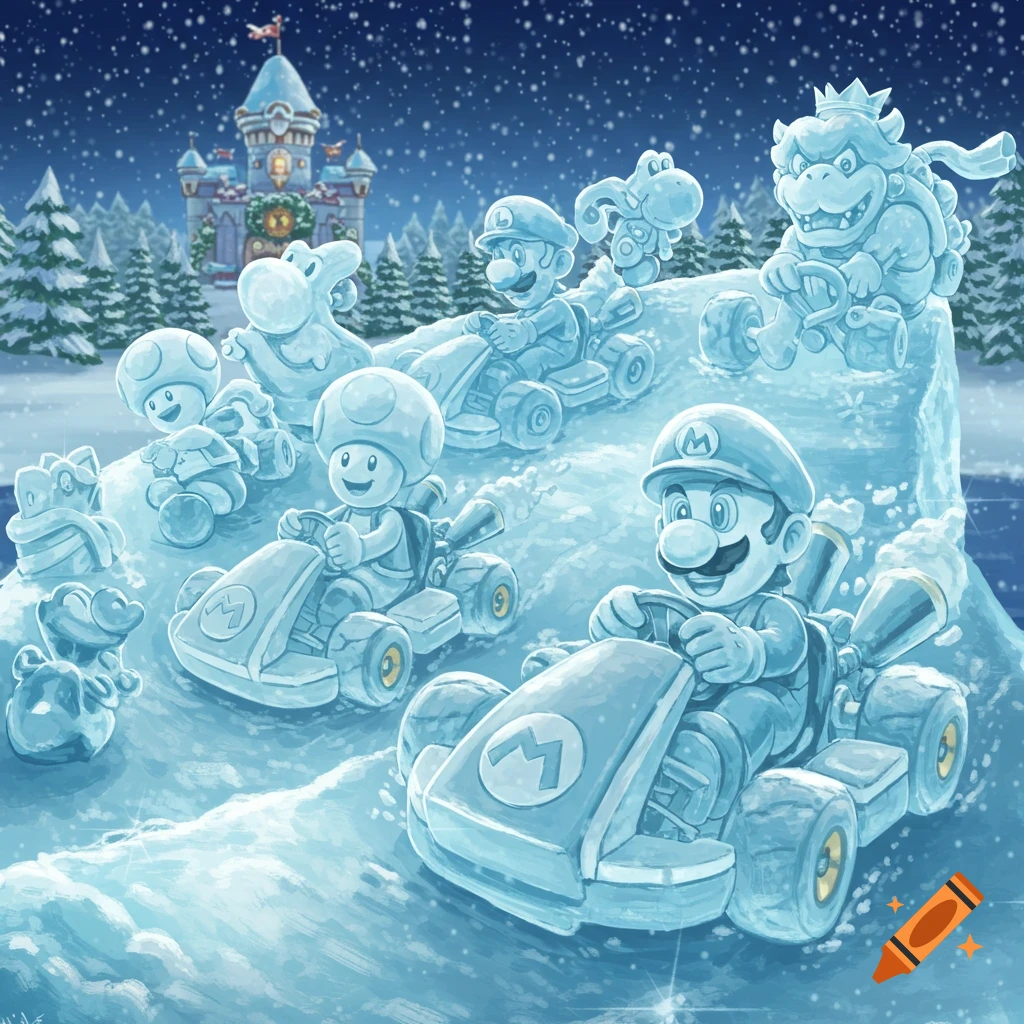 Mario and other characters from Mario Kart race as ice sculptures in karts on a snowy track with a castle in the background.