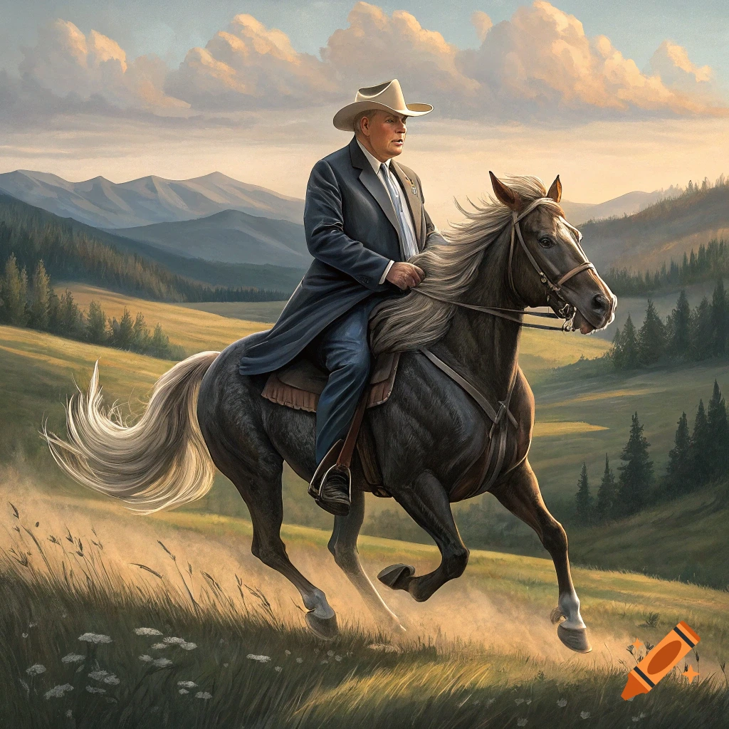 Man resembling Trump rides a horse through a grassy mountain landscape in a painting style.