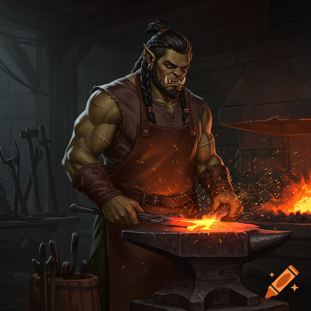 Fantasy illustration of a half-orc blacksmith hammering glowing metal on an anvil in a forge.