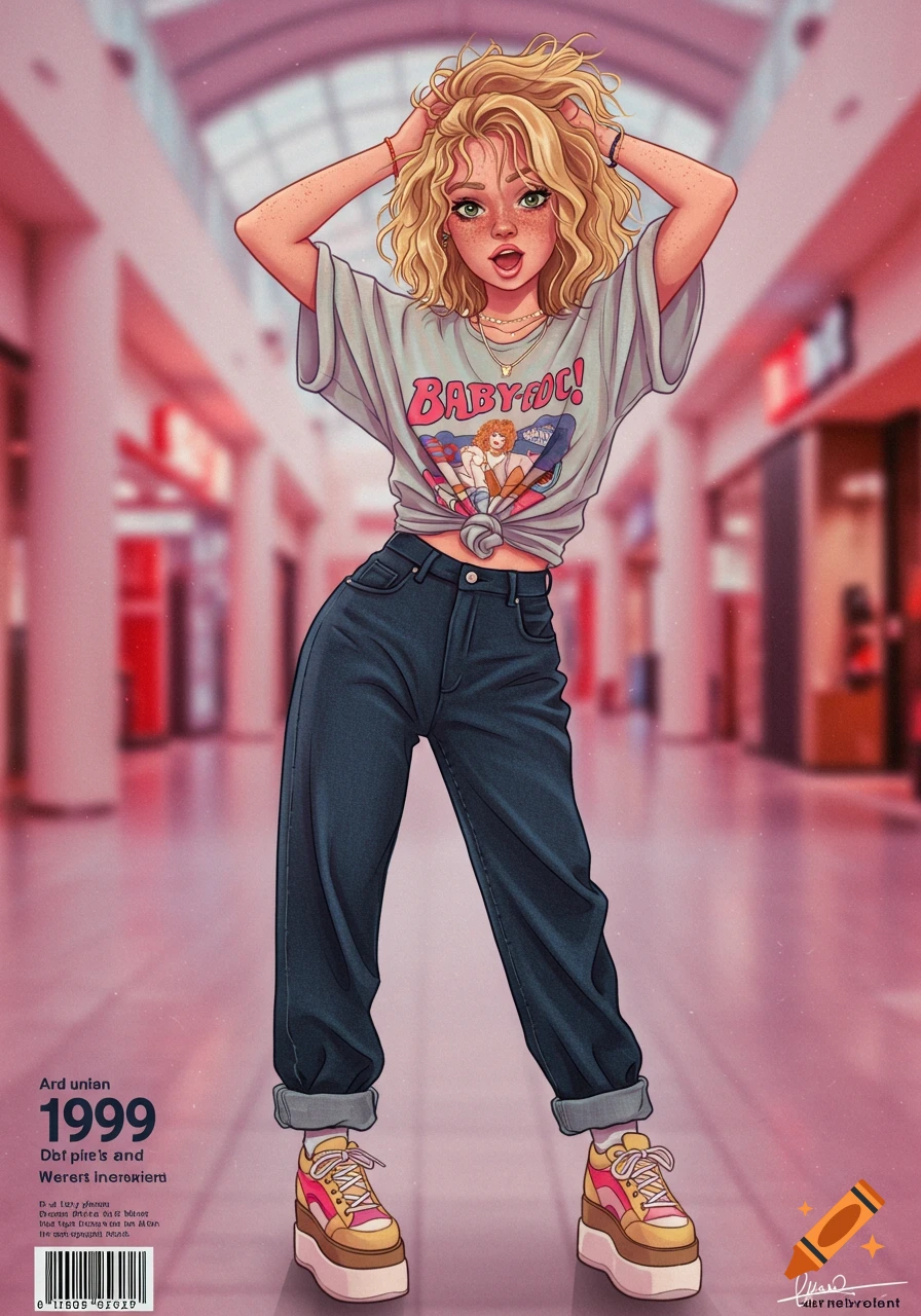 Illustration of a young woman in 90s fashion posing in a shopping mall.