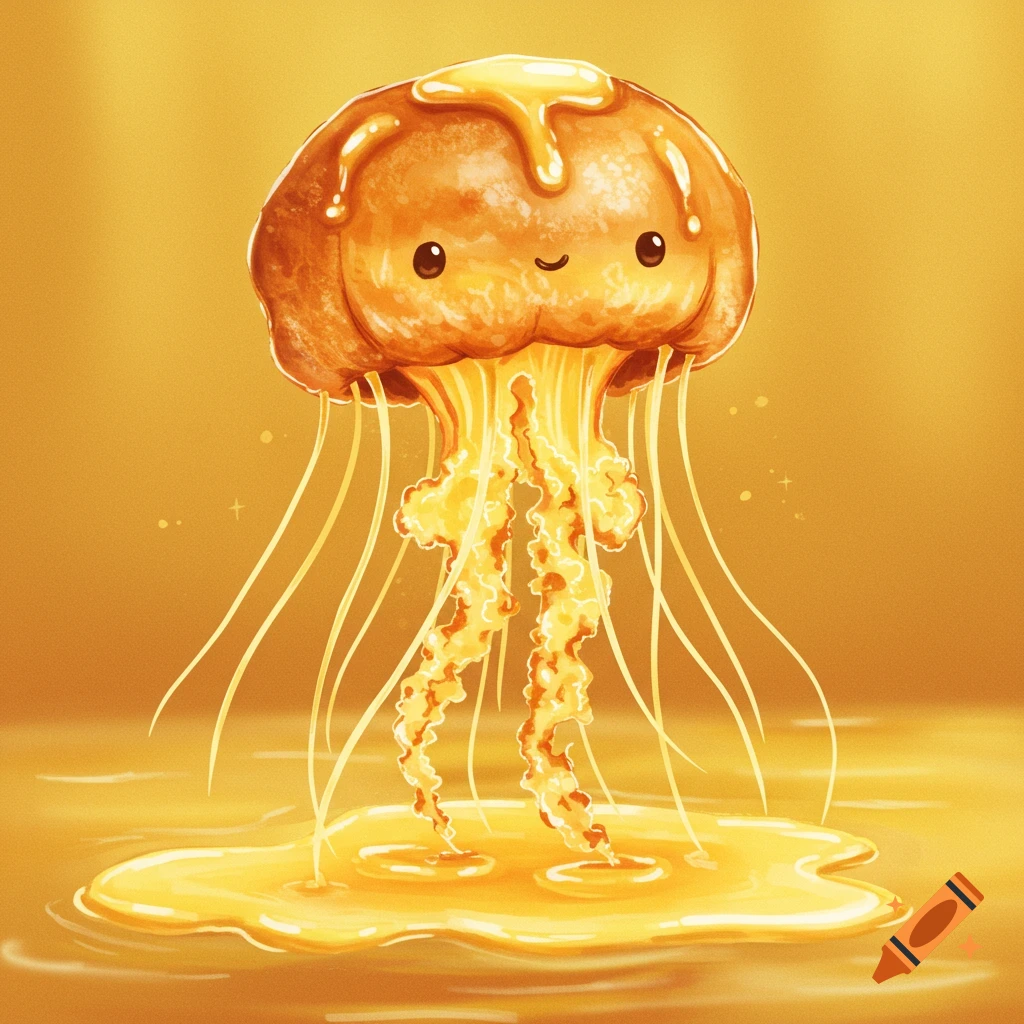 Illustration of a cute jellyfish made of yorkshire pudding and honey standing in a puddle of honey.
