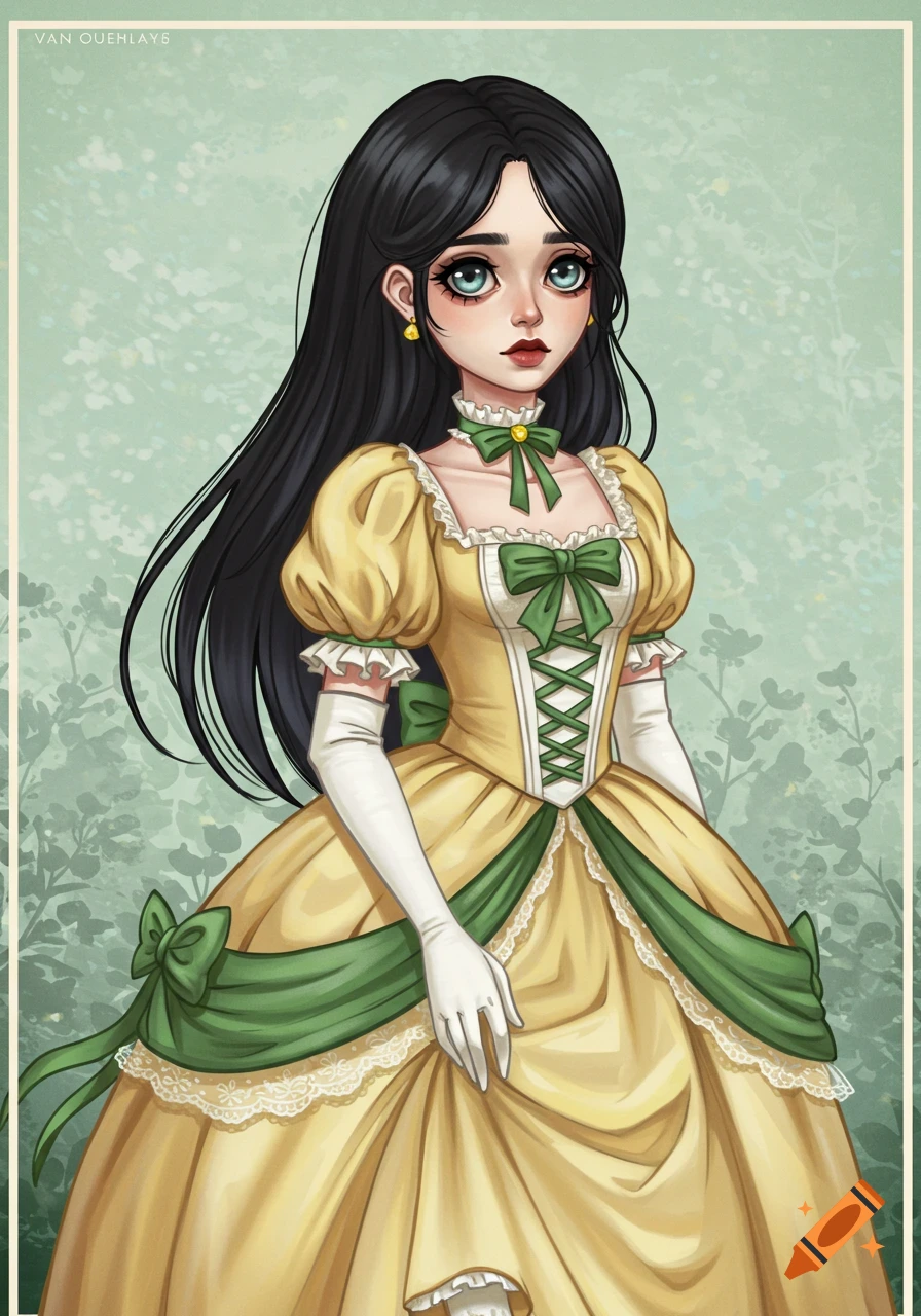 Illustration of a girl with black hair wearing a yellow and green historical gown with puffy sleeves and white gloves.
