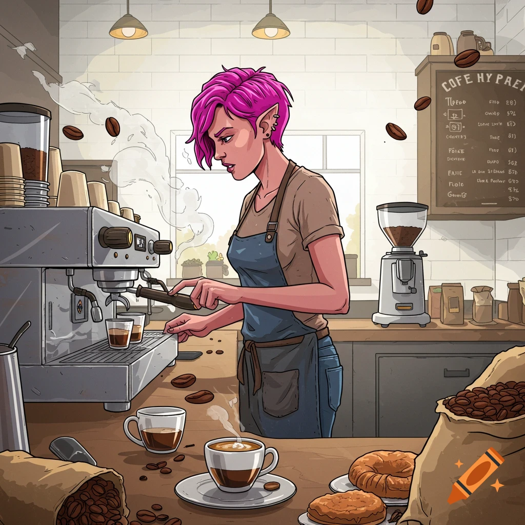 Comic illustration of a barista with pink hair and elf ears making espresso in a cafe.
