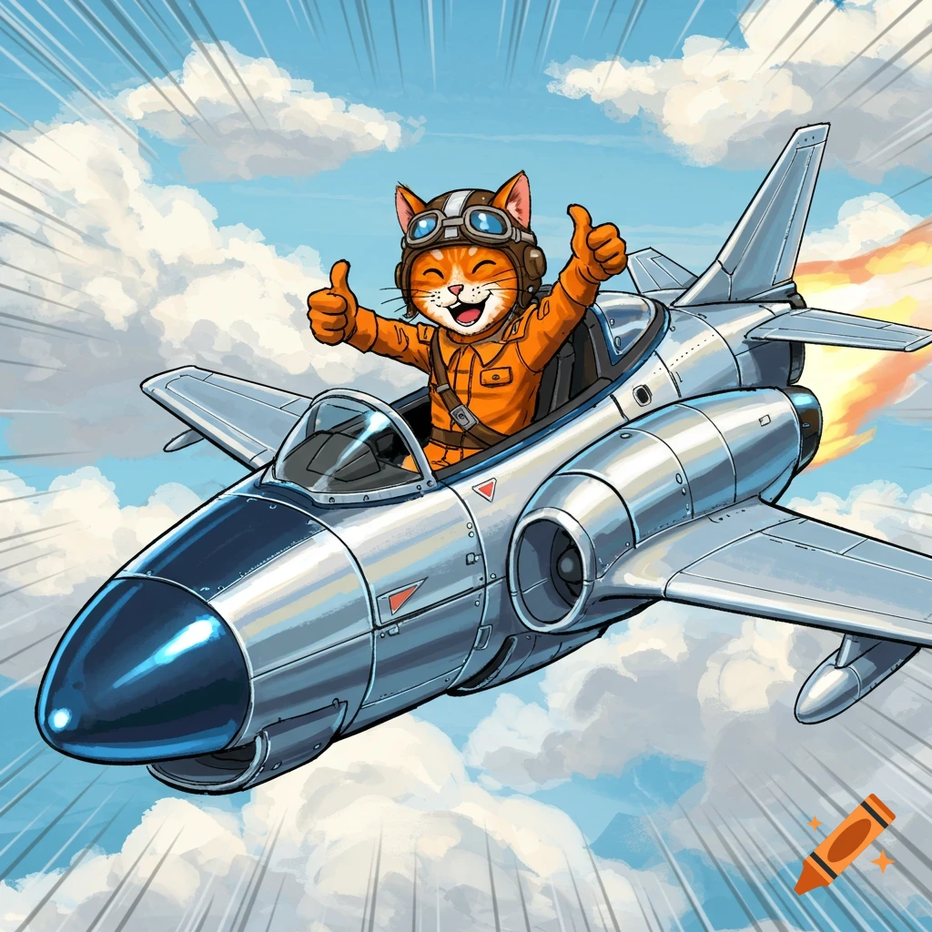 Cartoon cat pilot gives thumbs up in a jet plane.
