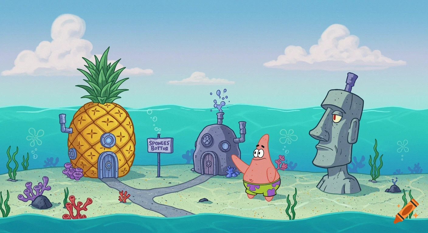 Cartoon underwater scene with Spongebob's pineapple house, Patrick's ...