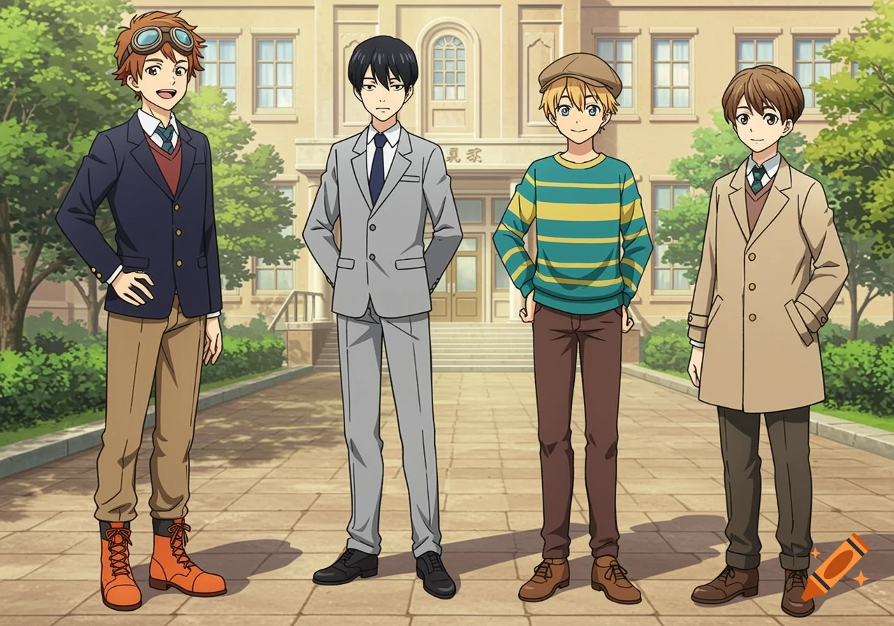 Four anime boys in preppy outfits stand in front of a school building.
