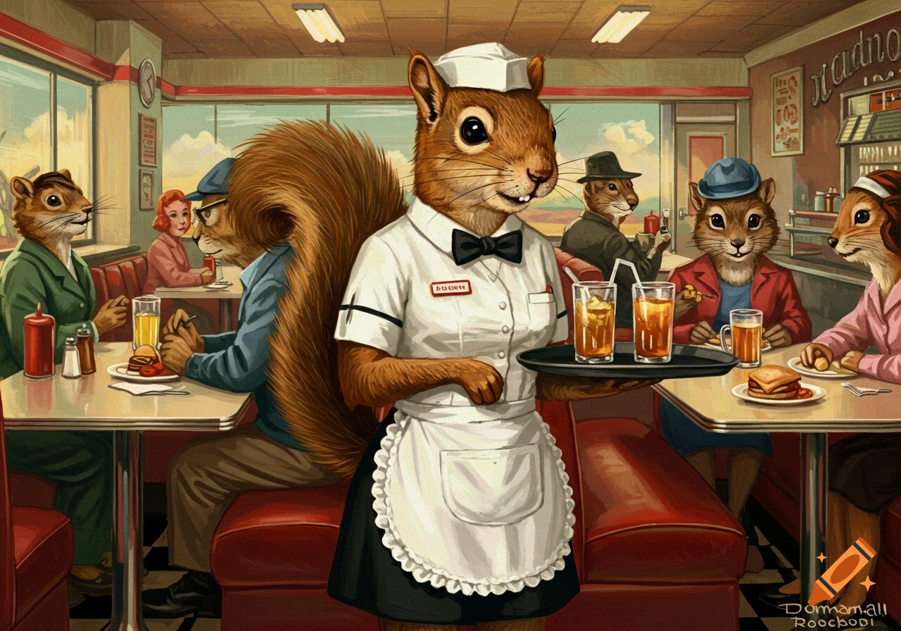 A squirrel waitress serves drinks to other anthropomorphic animals in a 1950s-style diner.