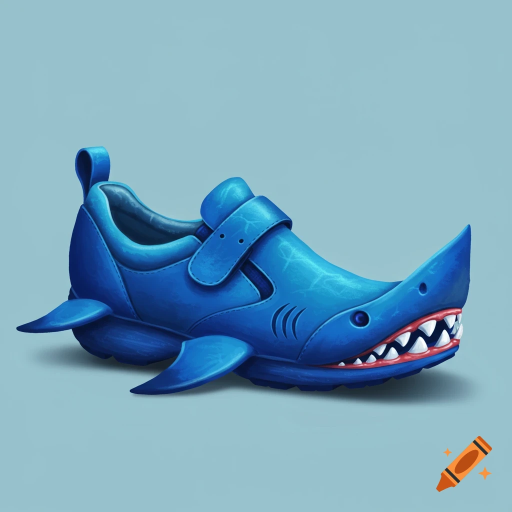 A blue shoe designed like a shark on a blue background.