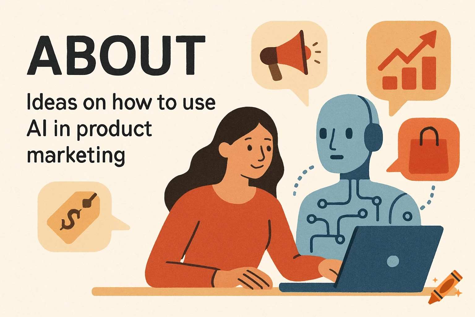 Illustration of a woman and a robot with a laptop and marketing icons, with the text ABOUT and Ideas on how to use AI in product marketing.