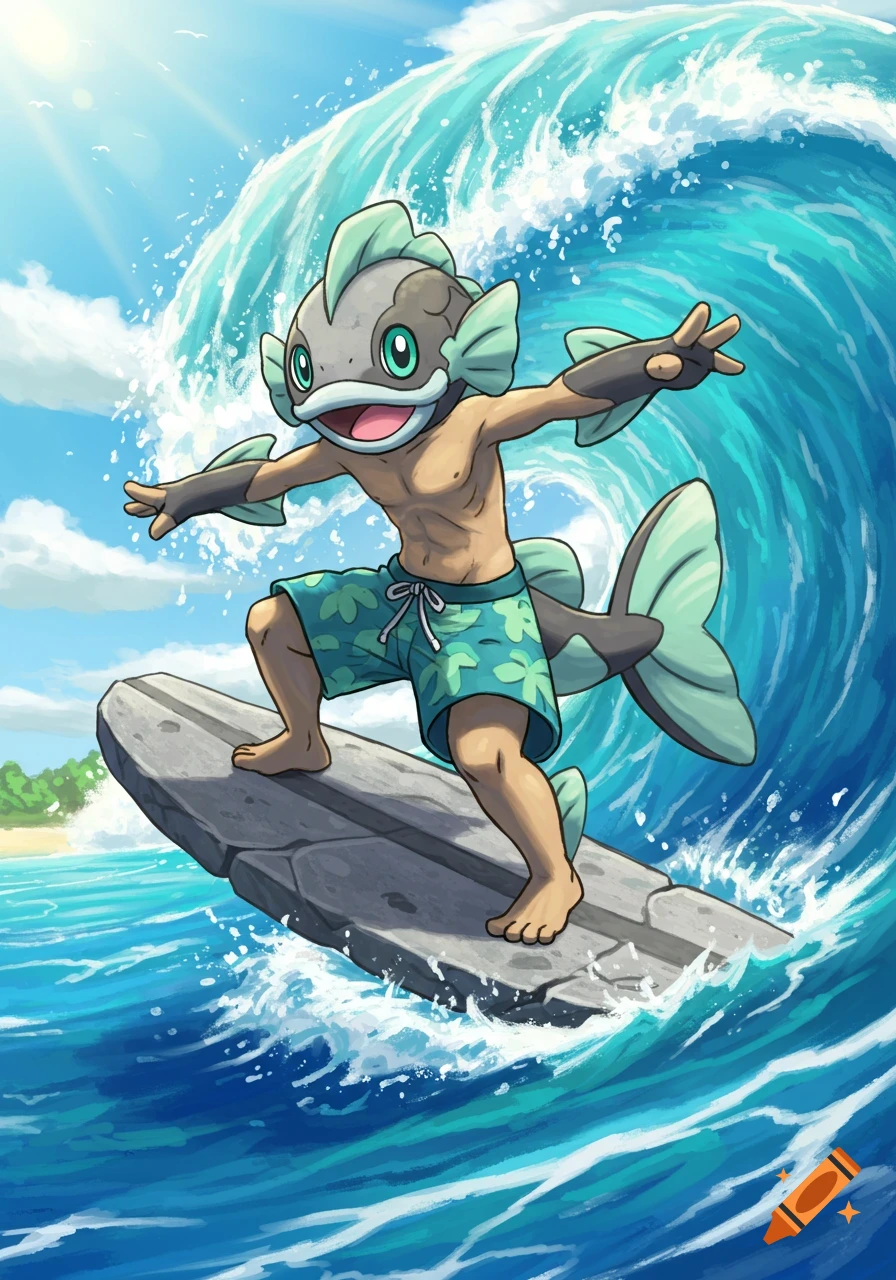 An anthro fish creature surfing on a large wave on a sunny day.