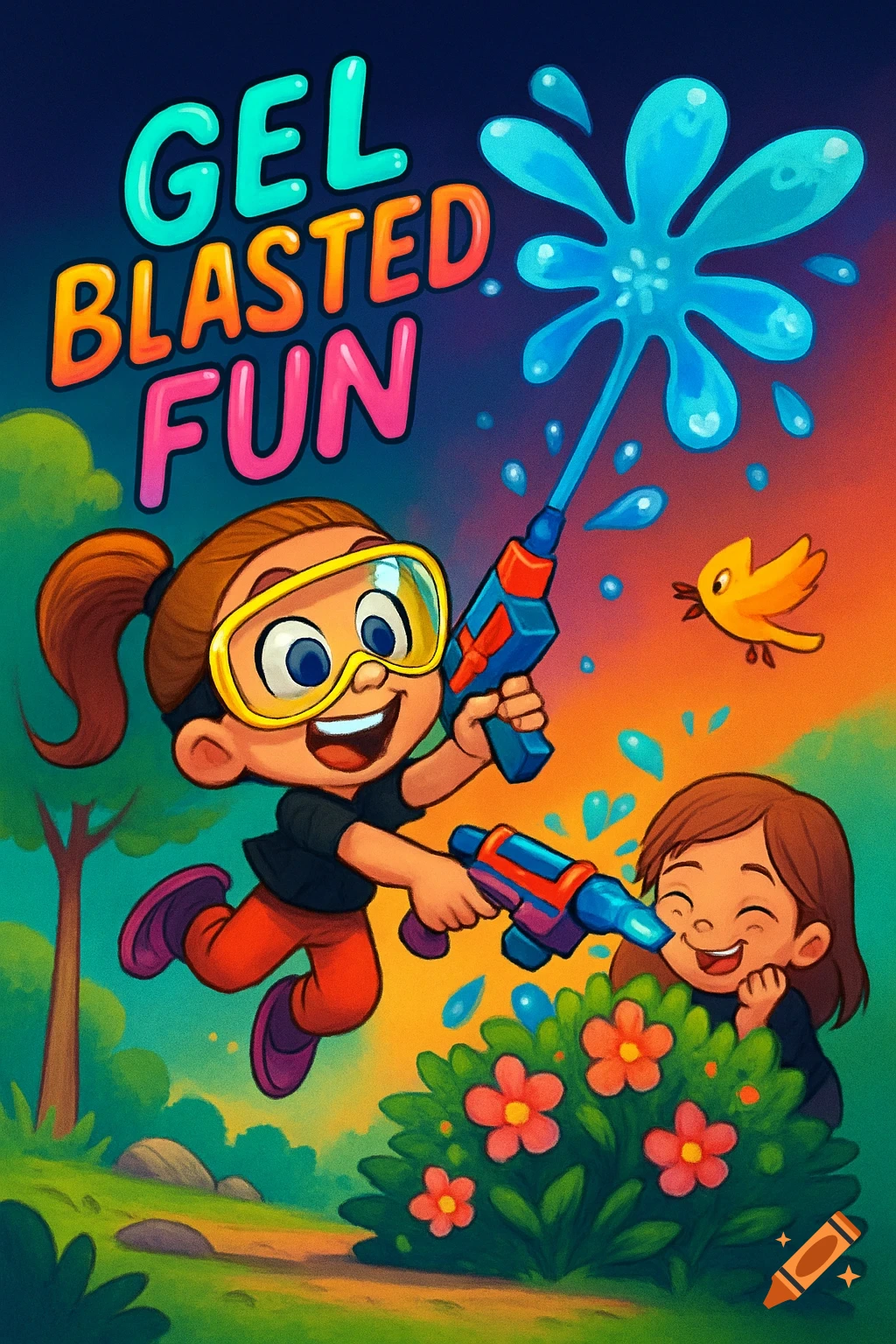 Cartoon kids playing with gel blasters outdoors with text 'Gel Blasted Fun'.