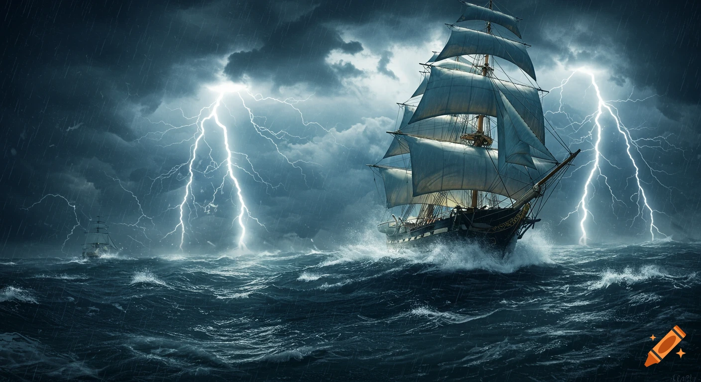 A large sailing ship battles through a rough storm with high waves and lightning strikes.
